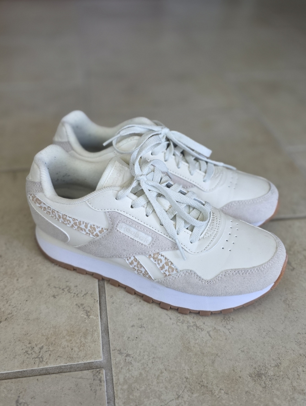 Reebok Women's White & Beige Cheeta Print Platform Tennis Shoes